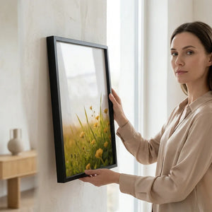 Woman hanging framed floral wall art in modern home interior with natural light