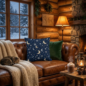 Cozy winter cabin with leather sofa, moon and stars cushion, sleeping cat, and hot chocolate.