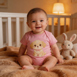 Smiling baby in pink dog-print onesie sitting on soft blanket with bunny plush in cozy nursery