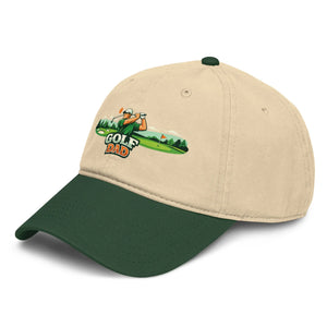 Dark green and khaki baseball cap with 'Golf Dad' golfer graphic on front.