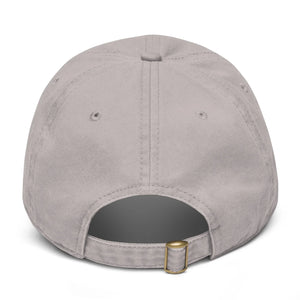 Gray cotton baseball cap back view with adjustable metal buckle closure
