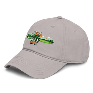 Gray baseball cap with 'Golf Dad' embroidered and golfer graphic on front left side