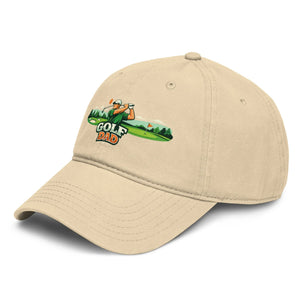 Khaki baseball cap with embroidered golf dad design, left front view