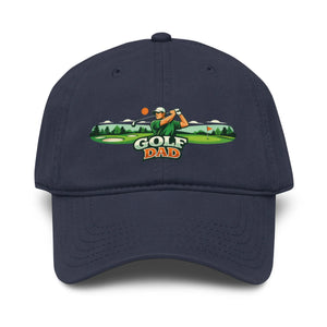 navy blue baseball hat with embroidered golf dad graphic and golfer on front