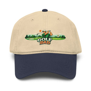 Navy and khaki baseball cap with 'Golf Dad' text and golfer graphic embroidered on front.