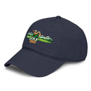 Navy blue baseball cap with golf dad graphic and golfer swinging club on front