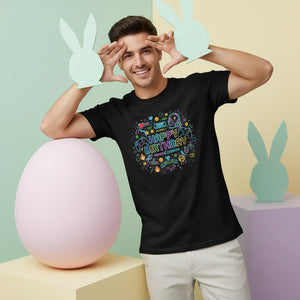 Man wearing a black Happy Birthday gamer t-shirt, pastel egg and bunny decorations in background
