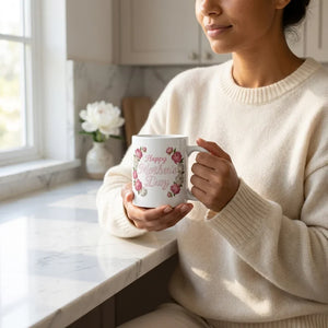 Woman holding a floral Happy Mother's Day mug in a bright kitchen, perfect Mother's Day gift