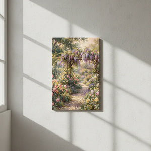 Floral garden canvas wall art with archway, pink and purple flowers, hanging on a light wall