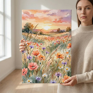 Woman holding a floral wildflower meadow canvas art in a bright home