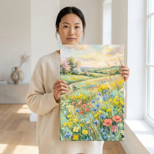 Woman holding a colorful wildflower field landscape art print in a bright, modern room.