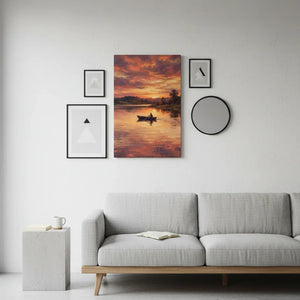 Modern living room with minimalist gray sofa, abstract wall art, and sunset lake painting.