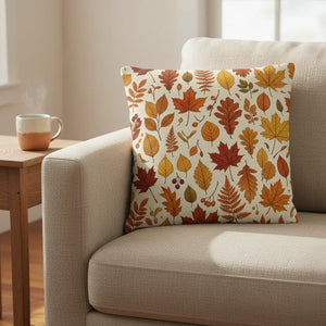 Autumn leaves throw pillow on beige sofa, cozy fall home decor with warm tones