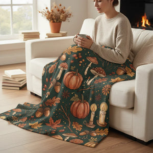 Woman on sofa with autumn-themed blanket featuring pumpkins, mushrooms, candles, and leaves.