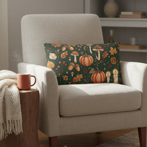 Cozy armchair with autumn-themed throw pillow featuring pumpkins, mushrooms, leaves, and candles