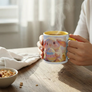 Person holding a cute bunny mug with an Easter egg design on a sunlit wooden table.
