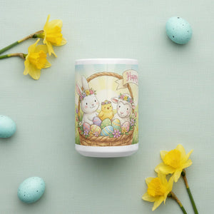 Easter mug with bunny, chick, and lamb in basket, surrounded by daffodils and pastel eggs.