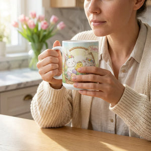 Woman enjoying coffee in a kitchen holding an Easter bunny and chick mug