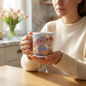 Woman holding a mug with a cute bunny and Easter egg illustration in a cozy kitchen setting.
