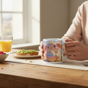 Person holding mug with cute bunny and Easter egg illustration at breakfast table