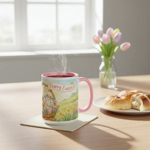 Happy Easter mug with cute lamb and floral design on table with pastries and tulips