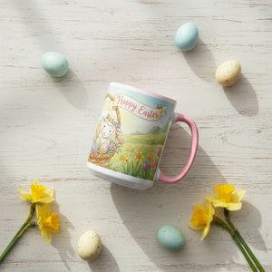 Easter mug with cute lamb, flowers, Happy Easter text, surrounded by pastel eggs and daffodils.