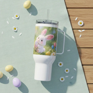 Easter tumbler with cute bunny holding painted egg, surrounded by flowers and pastel eggs