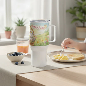Easter-themed travel mug with bunny and flowers on breakfast table, juice, and blueberries