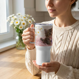 Woman holding a white travel mug with a cute kitten design in a cozy kitchen setting