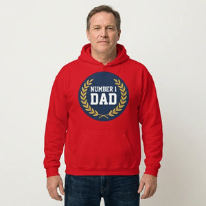 Man wearing red hoodie with 'Number 1 Dad' and laurel wreath graphic, casual apparel
