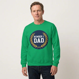 Man wearing green Number 1 Dad sweatshirt with laurel wreath graphic, casual apparel