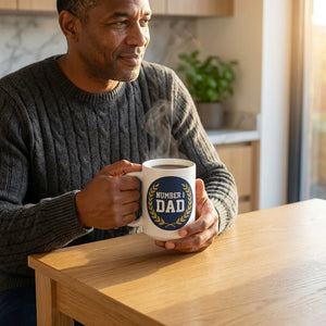 Man holding a Number 1 Dad coffee mug in a cozy kitchen setting with morning sunlight.