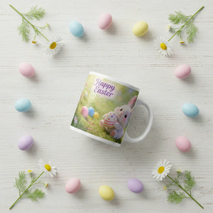 Easter mug with bunny and eggs, surrounded by pastel eggs and daisies on white wood table
