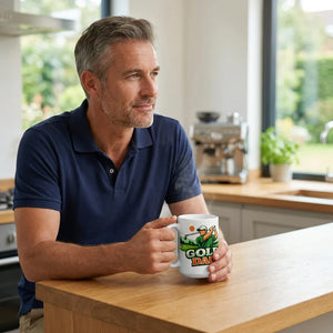 Man in a modern kitchen holding a golf-themed ceramic coffee mug