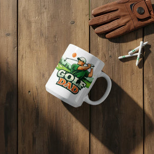 Golf Dad mug with golfer illustration on wood table, next to brown glove and golf tees
