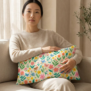 Woman holding a colorful floral throw pillow with bird and butterfly design on a beige sofa