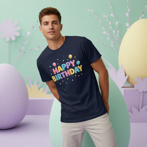 Man wearing navy Happy Birthday t-shirt with balloons, pastel party decorations background.