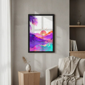 Colorful sunset ocean abstract wall art in black frame, modern living room decor