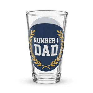 16oz pint glass with blue shield, gold laurel, and 'Number 1 Dad' text for gifts