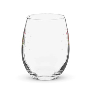 Clear 15 oz stemless wine glass with small heart accents, displayed on white background