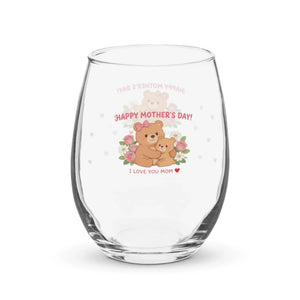 Stemless wine glass with cute bear illustration, floral accents, and Happy Mother's Day message