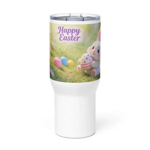 White travel mug with handle, Easter bunny and eggs design, Happy Easter text on front