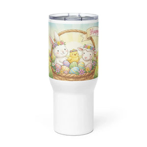 White travel mug with Easter design featuring bunny, chick, lamb, and decorated eggs in a basket