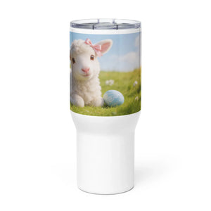 White travel mug with handle, featuring a cute lamb and blue egg design on grassy background.