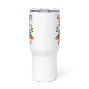 White travel mug with a handle, floral graphics, and colorful text on the front