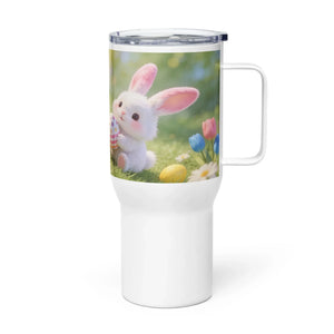 White travel mug with handle featuring cute bunny, Easter eggs, and spring flowers design