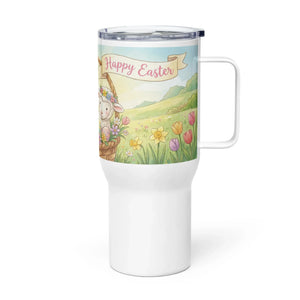 White travel mug with handle, featuring a cute Easter bunny, tulips, and 'Happy Easter' banner