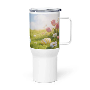White travel mug with handle featuring spring flowers and Easter egg design