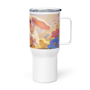 White travel mug with handle featuring a cute bunny, chick, and colorful spring flowers illustration