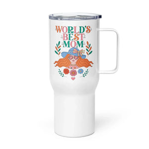 White travel mug with handle, colorful 'World's Best Mom' text, floral and woman illustration